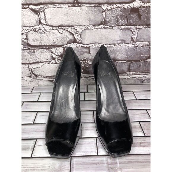 Stuart Weitzman Patent Leather Black Platform Peep Toe Heels Women sz 8.5M US/39 - Picture 3 of 16